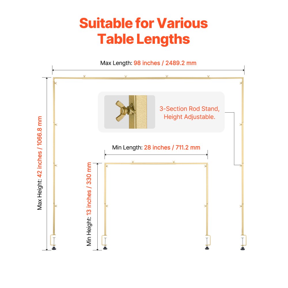 VEVOR Over The Table Rod Stand with Clamps, 13"-42" Tall & 28"-98" Length Adjustable, 2 Packs Table Arch Stand, Tabletop Balloon Arch Frame for Wedding Birthday Party Christmas Decorations, Gold