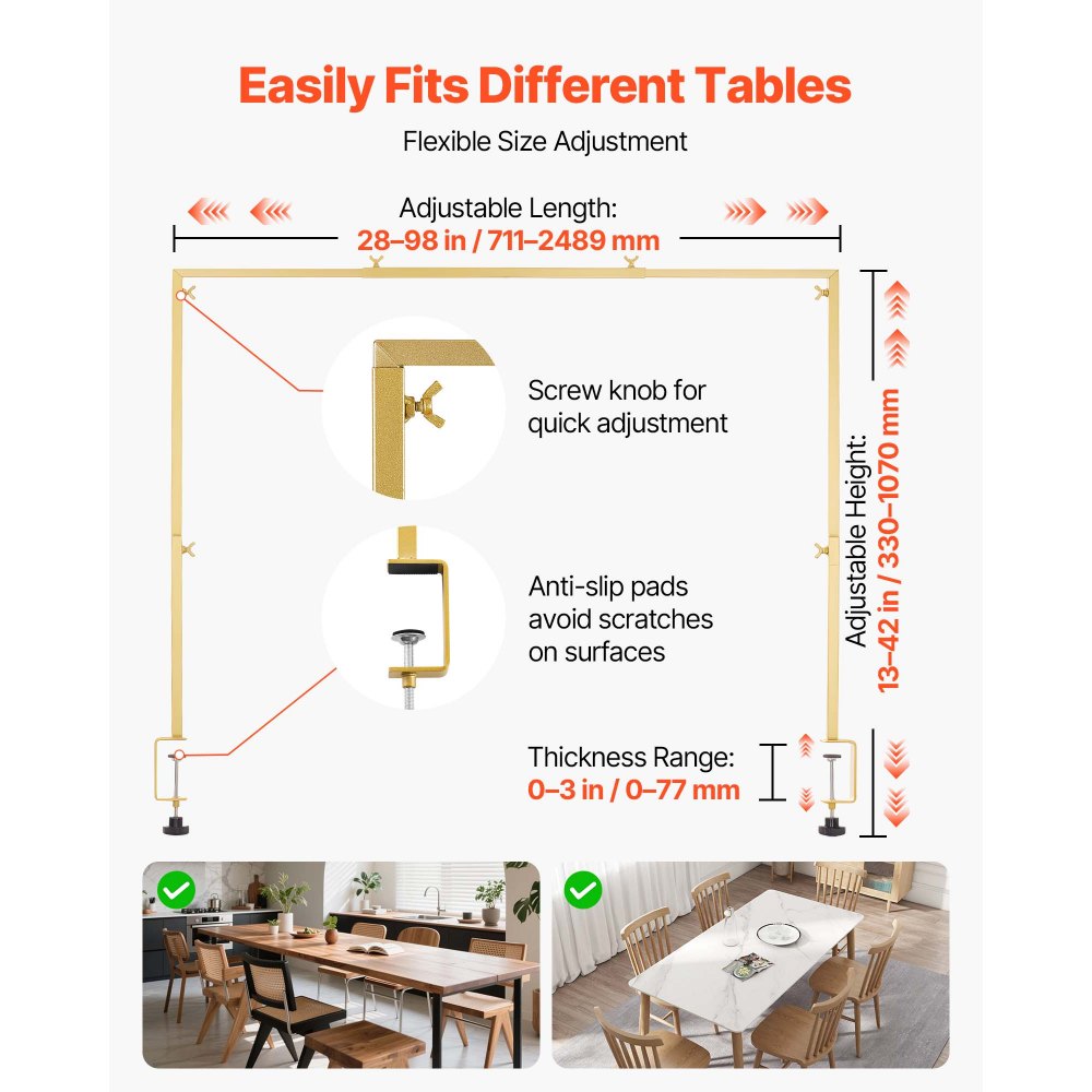 VEVOR Over the Table Rod Stand with Clamps, Adjustable 28"-98" Length & 13"-42" Height, Table Arch Stand with Floral Accessories, Gold Balloon Frame for Wedding Birthday Party Christmas Decoration