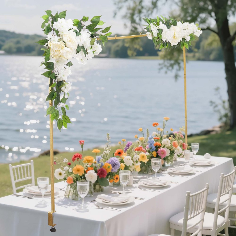 VEVOR Over the Table Rod Stand with Clamps, Adjustable 28"-98" Length & 13"-42" Height, Table Arch Stand with Floral Accessories, Gold Balloon Frame for Wedding Birthday Party Christmas Decoration