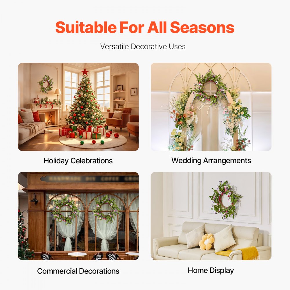 VEVOR Artificial Decorative Wreath, 22 in, Pink Green, Decorated with Daisies, Babysbreath, Buds, Year Round Wreath for All Seasons Indoor and Outdoor Home Wall Window Festival Wedding Decorations