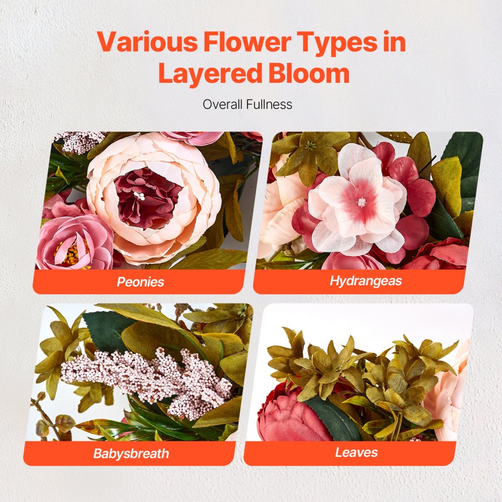 VEVOR Artificial Decorative Wreath, 19 in, Pink, Decorated with Peonies, Hydrangeas, Babysbreath, Year Round Wreath for All Seasons Indoor and Outdoor Home Wall Window Festival Wedding Decorations