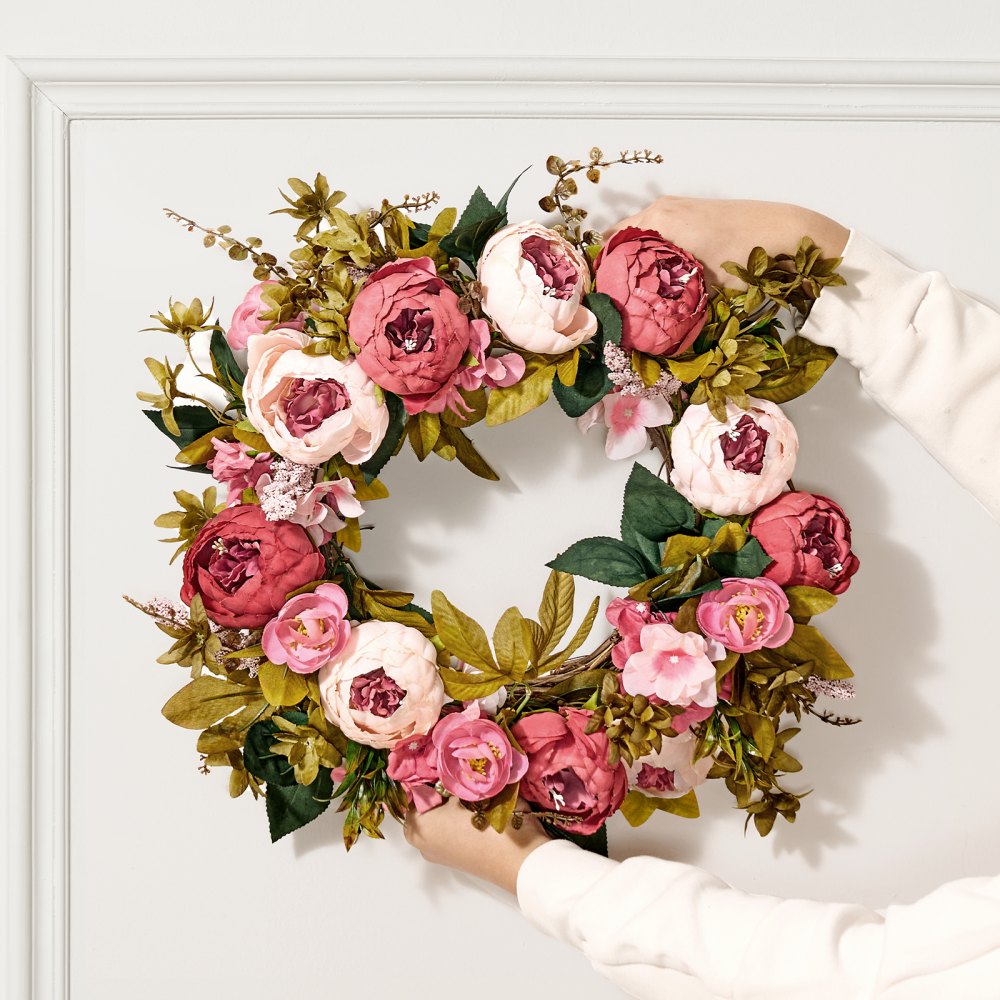 VEVOR Artificial Decorative Wreath, 19 in, Pink, Decorated with Peonies, Hydrangeas, Babysbreath, Year Round Wreath for All Seasons Indoor and Outdoor Home Wall Window Festival Wedding Decorations