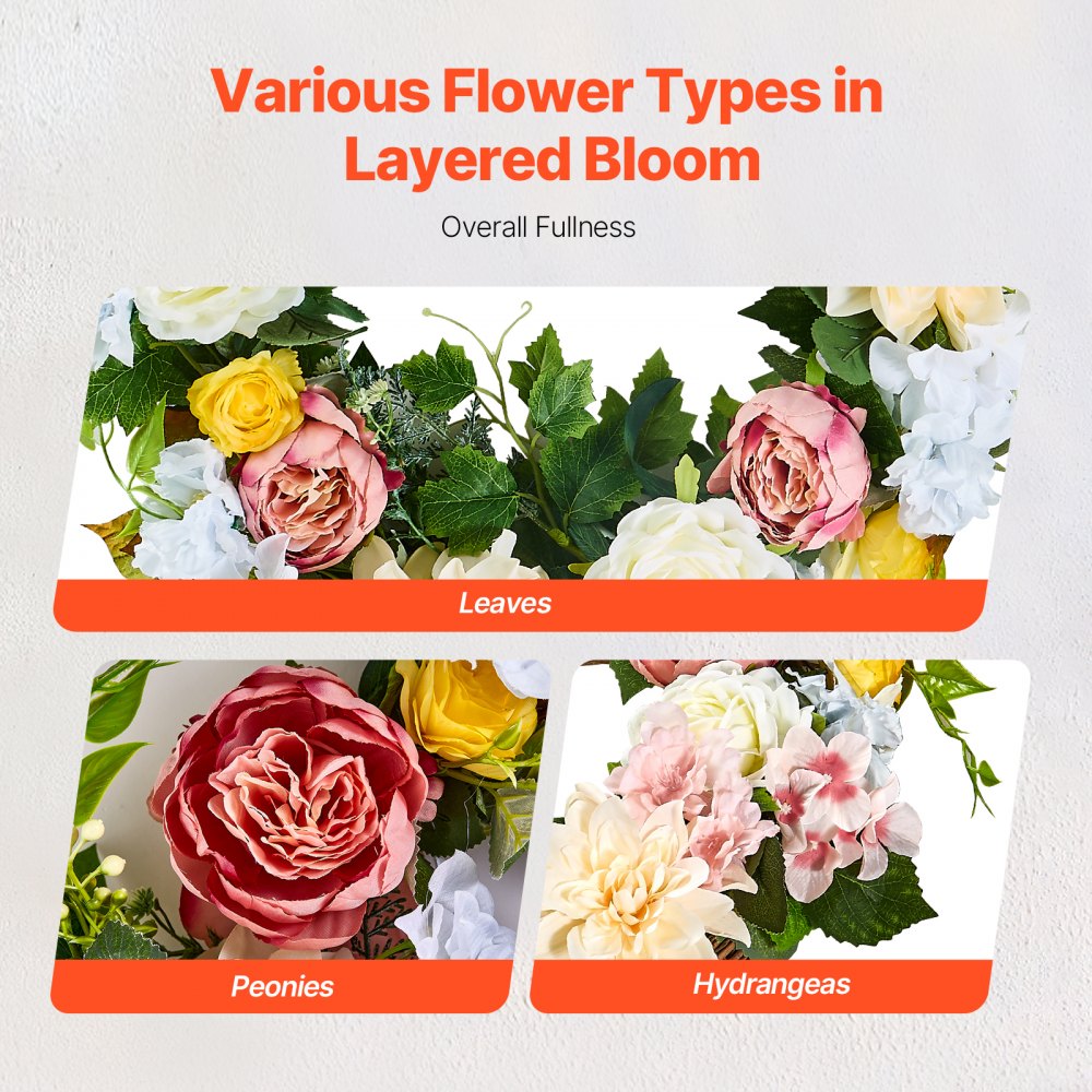 VEVOR Artificial Decorative Wreath, 24 in, White Pink Yellow, Decorated with Peonies, Hydrangeas, Year Round Wreath for All Seasons Indoor and Outdoor Home Wall Window Festival Wedding Decorations