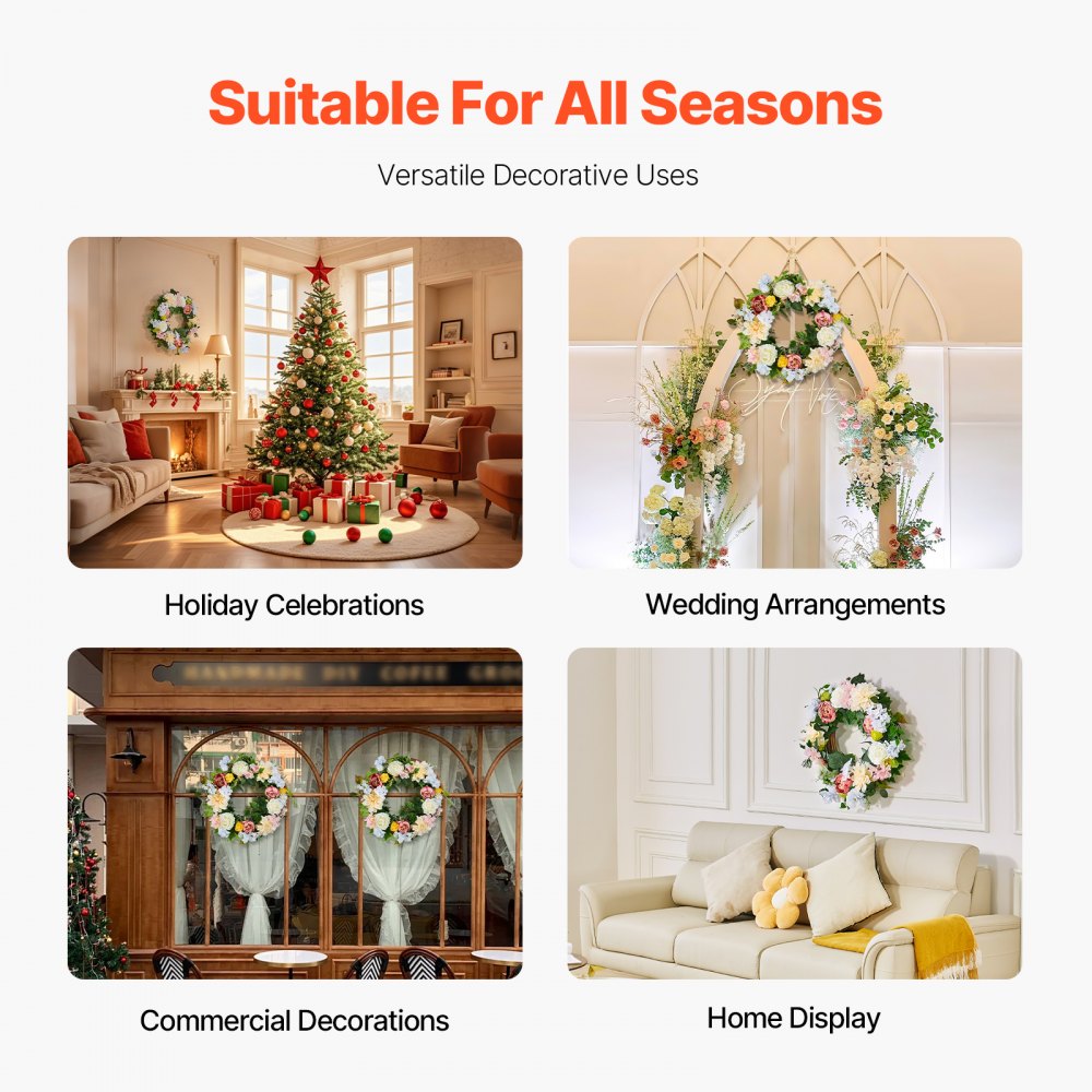 VEVOR Artificial Decorative Wreath, 24 in, White Pink Yellow, Decorated with Peonies, Hydrangeas, Year Round Wreath for All Seasons Indoor and Outdoor Home Wall Window Festival Wedding Decorations