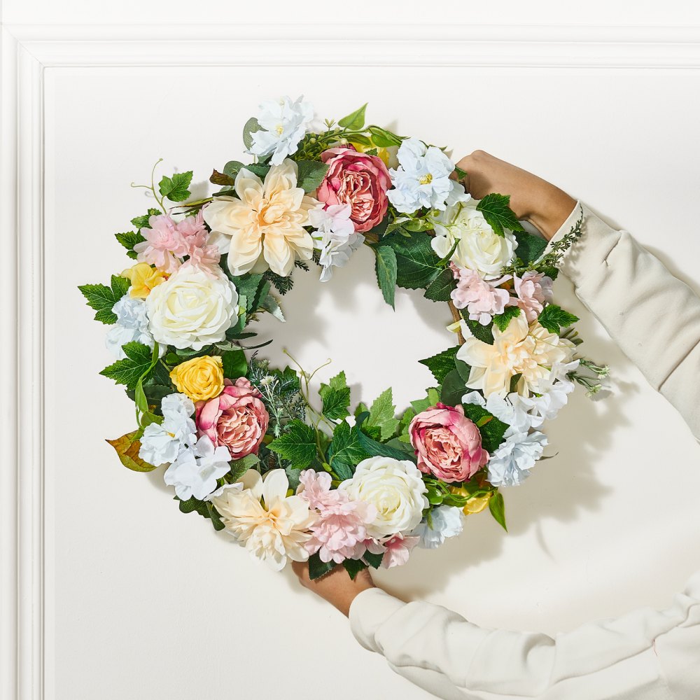 VEVOR Artificial Decorative Wreath, 24 in, White Pink Yellow, Decorated with Peonies, Hydrangeas, Year Round Wreath for All Seasons Indoor and Outdoor Home Wall Window Festival Wedding Decorations