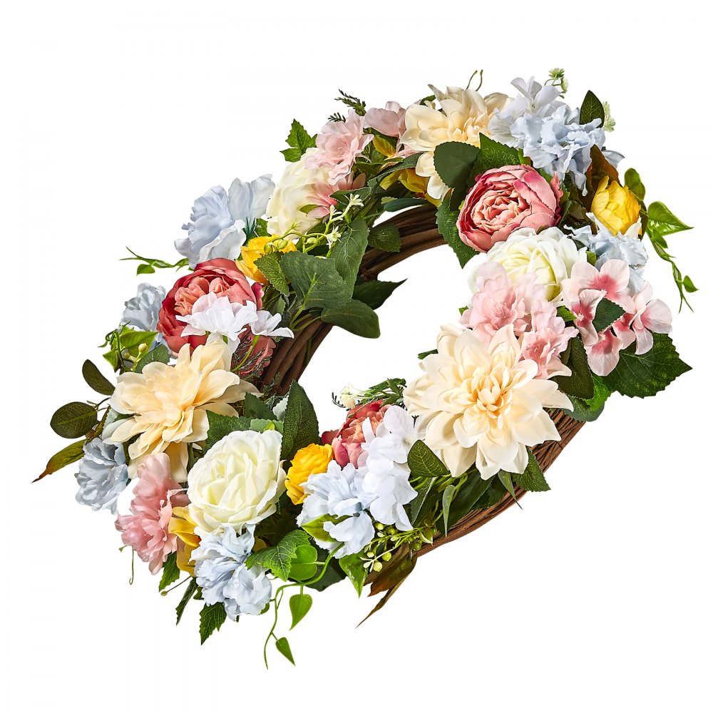 VEVOR Artificial Decorative Wreath, 24 in, White Pink Yellow, Decorated with Peonies, Hydrangeas, Year Round Wreath for All Seasons Indoor and Outdoor Home Wall Window Festival Wedding Decorations
