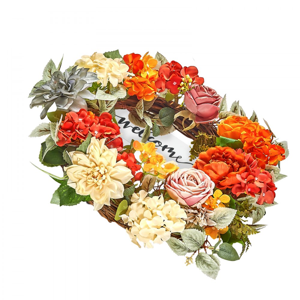 VEVOR Artificial Decorative Wreath, 24 in, Red Orange Yellow, Decorated with Hydrangeas, Roses, Wooden Sign, Year Round Wreath for All Seasons Indoor and Outdoor Home Wall Window Festival Decorations
