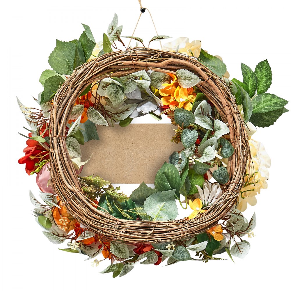 VEVOR Artificial Decorative Wreath, 24 in, Red Orange Yellow, Decorated with Hydrangeas, Roses, Wooden Sign, Year Round Wreath for All Seasons Indoor and Outdoor Home Wall Window Festival Decorations