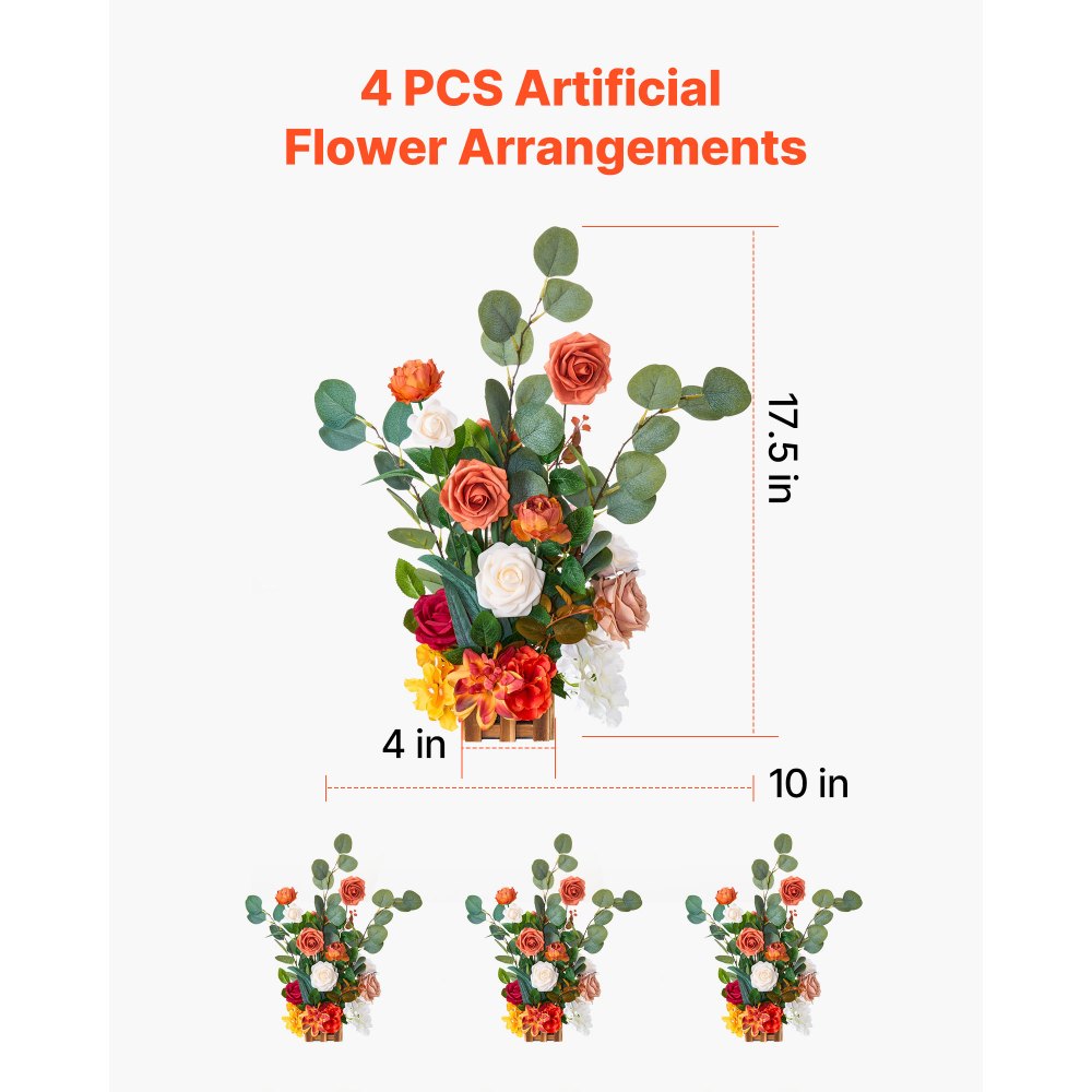VEVOR Standing Artificial Flowers Arrangements 4 PCS, 17.5-Inch Tall Faux Flower Decorations for Wedding Aisle Runner Chair, Orange Floral Centerpieces for Ceremony Reception Party Outdoor Decor