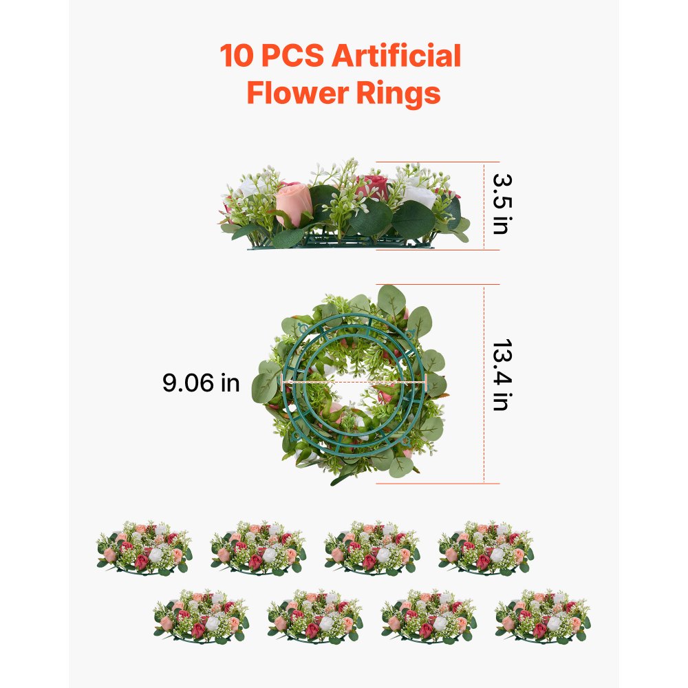 VEVOR Artificial Rose Wreath, 14-Inch Diameter Faux Flower Wreath with Pink and White Roses, Flower Arrangement Centerpiece for Valentine's, Mother's Day, Party, Wedding and Home Table Décor, 10 PCS