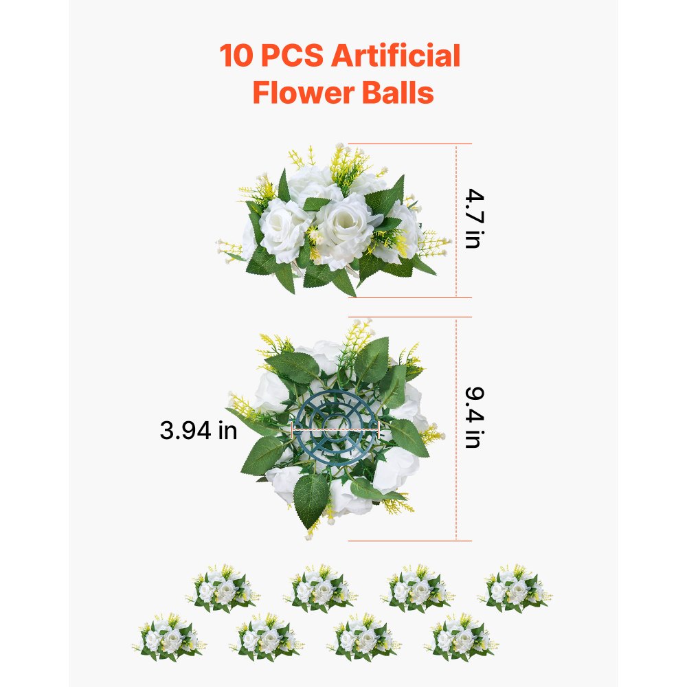 VEVOR Flower Balls Arrangement Bouquet 10 PCS, 9.5-Inch Diameter Artificial Flower Balls Wedding Rose Centerpieces, Faux Flowers Arrangements for Wedding Centerpiece Home Table Decorations, White