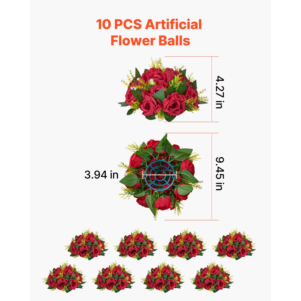 VEVOR Flower Balls Arrangement Bouquet 10 PCS, 9.5-Inch Wedding Red Roses Centerpieces, Fake Flowers Kissing Balls Decor Artificial Floral Arrangements Flower Bouquet for Home Party Table Decorations