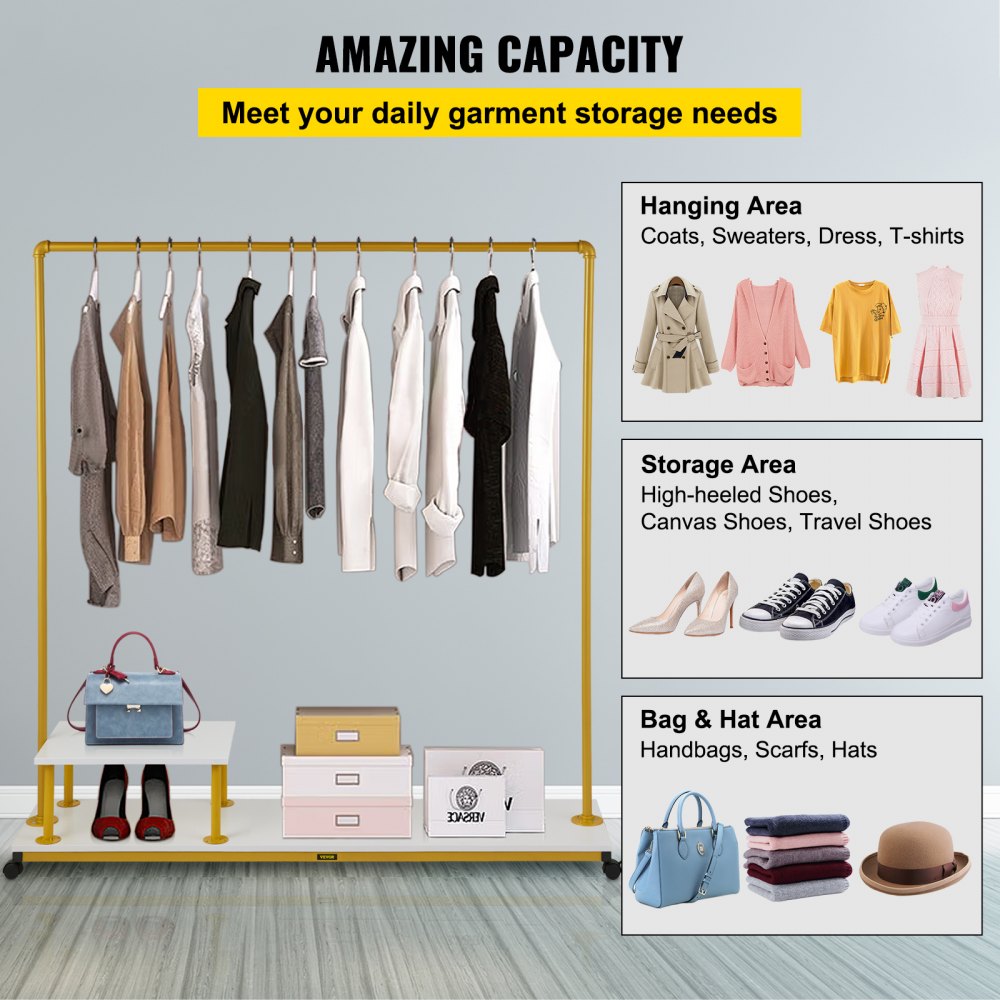 VEVOR Clothing Garment Rack, 59.1\"x14.2\"x63.0\", Heavy-Duty Clothes Rack with Bottom Shelf & Side Shelf, 4 Swivel Casters, Sturdy Steel Frame, Rolling Clothes Organizer for Retail Store Boutique, Go