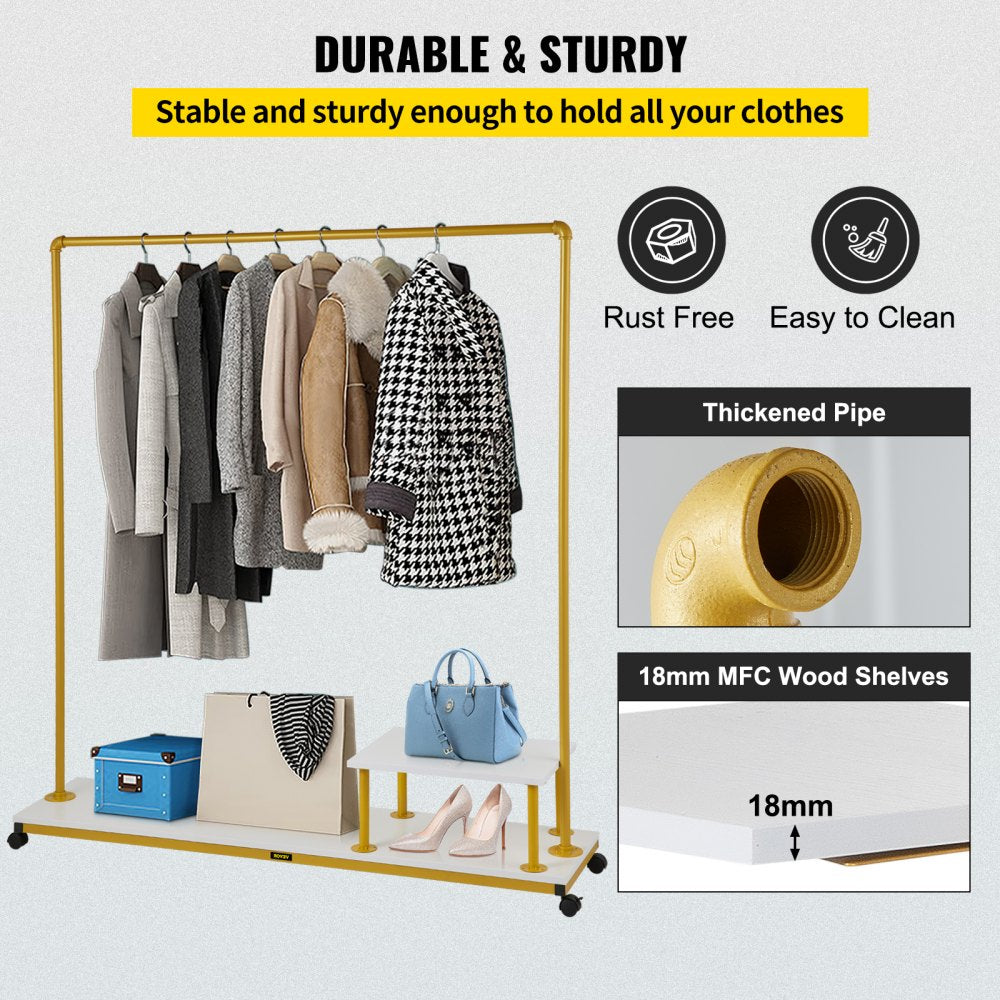 VEVOR Clothing Garment Rack, 59.1\"x14.2\"x63.0\", Heavy-Duty Clothes Rack with Bottom Shelf & Side Shelf, 4 Swivel Casters, Sturdy Steel Frame, Rolling Clothes Organizer for Retail Store Boutique, Go
