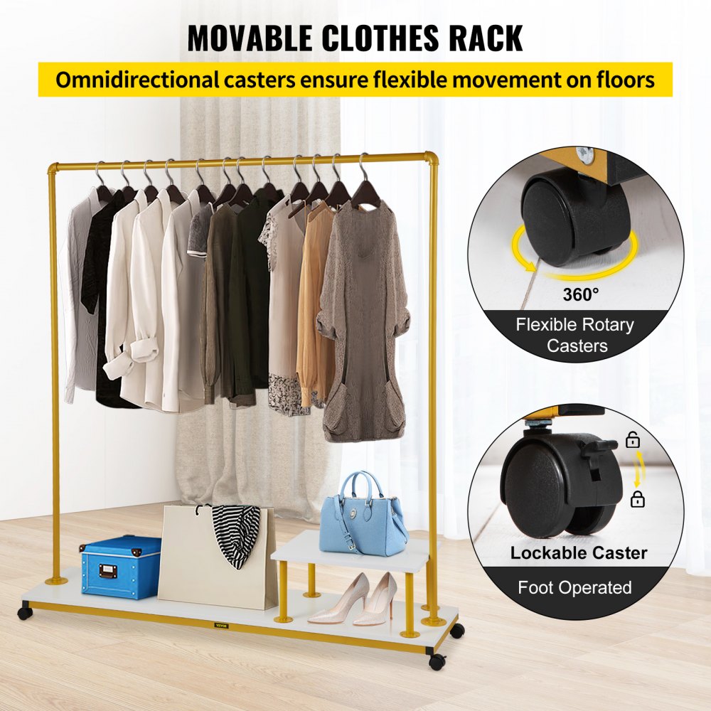 VEVOR Clothing Garment Rack, 59.1\"x14.2\"x63.0\", Heavy-Duty Clothes Rack with Bottom Shelf & Side Shelf, 4 Swivel Casters, Sturdy Steel Frame, Rolling Clothes Organizer for Retail Store Boutique, Go