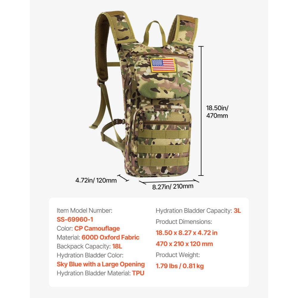 VEVOR Hydration Backpack, Water Backpack with 3L TPU Water Bladder, Tactical Molle Hiking Hydration Pack with Storage for Men Women, Hydro Water Daypack for Hiking Running Cycling Camping
