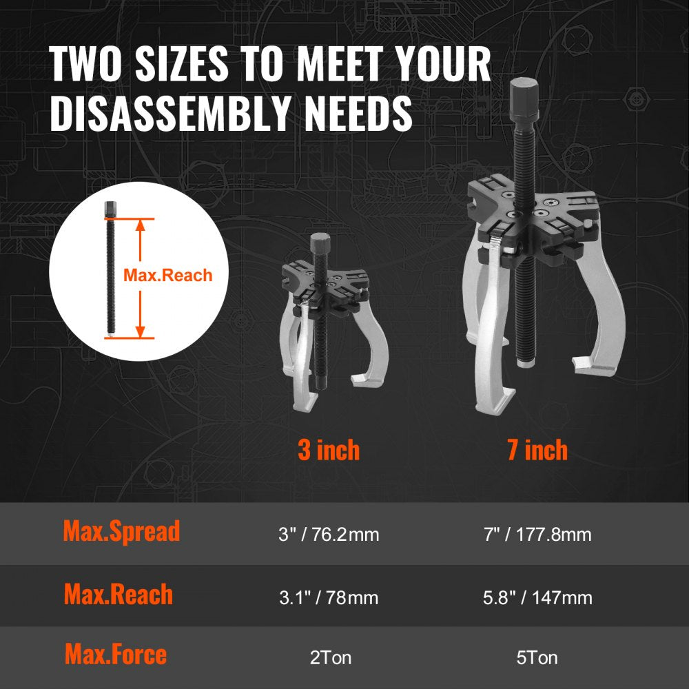 VEVOR Gear Puller Set, 3" and 7" Puller Kit, 3 Jaw Gear Bearing Flywheel Pulley Removal Tool, 2 or 3 Reversible Jaws Wheel Puller, Vertically and Horizontally, External and Internal, 2-Piece