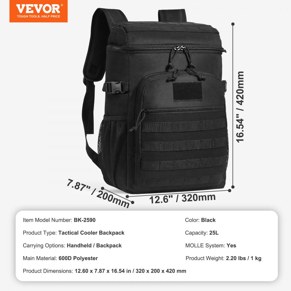 Cooler Bag, 25L Insulated Lunch Bag with Molle Design and Multi-pocket, 600D Cooler Lunch Box with Removable Storage Bags, Soft Cooler for Office, Picnic, Hiking, Beach or Beverage, Black