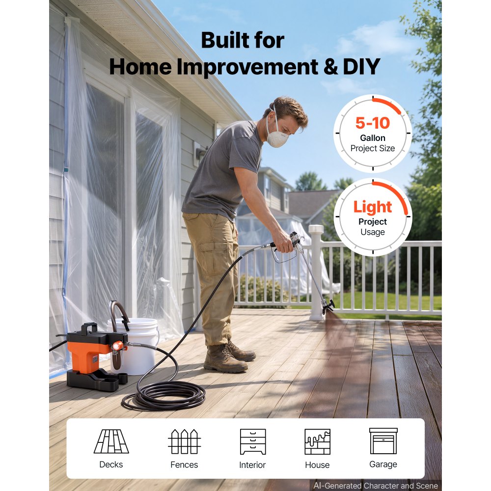 VEVOR Airless Paint Sprayer 650 W 3000 PSI High Pressure Airless Sprayer, For Interior & Exterior House Painting and DIY, Fine and Even, Lightweight Spray Machine with Tip Sets, Hose, Extension Rod