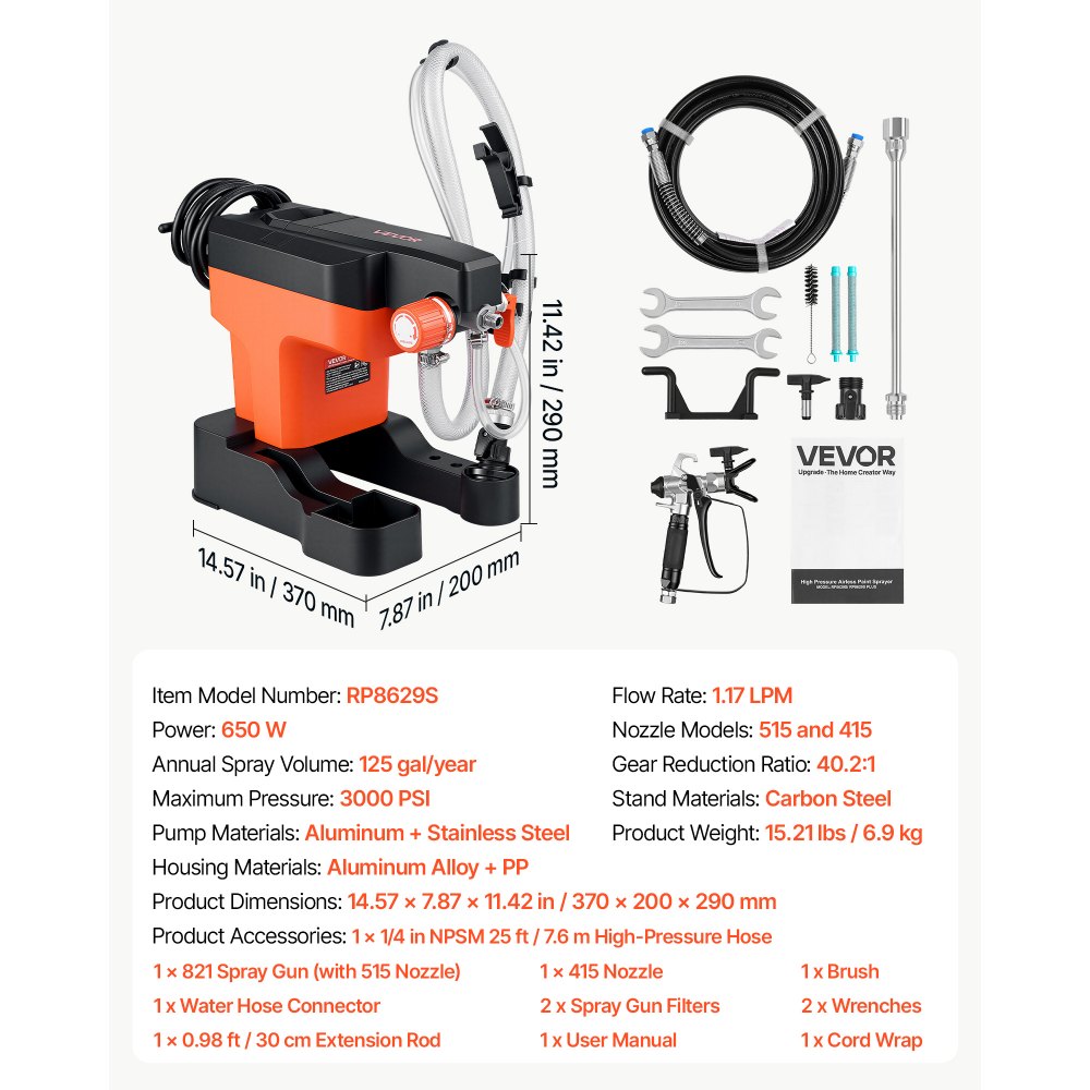 VEVOR Airless Paint Sprayer 650 W 3000 PSI High Pressure Airless Sprayer, For Interior & Exterior House Painting and DIY, Fine and Even, Lightweight Spray Machine with Tip Sets, Hose, Extension Rod