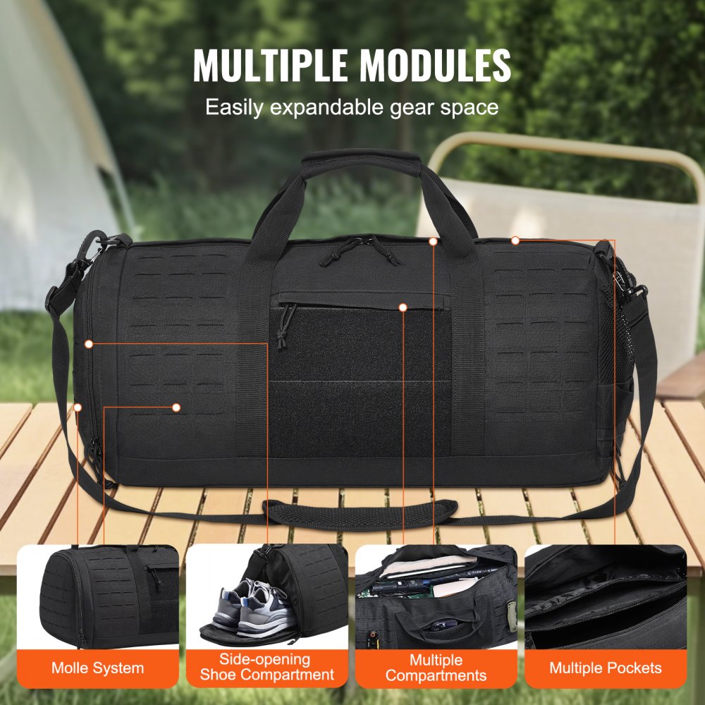 Tactical Duffle Bag, 45L Gym Bag Duffle with Molle Design and Shoe Compartment, Military Travel Bag for Men and Women, Tactical Gear Bag for Overnight, Sports, Fitness, Clothing, Travel, Black