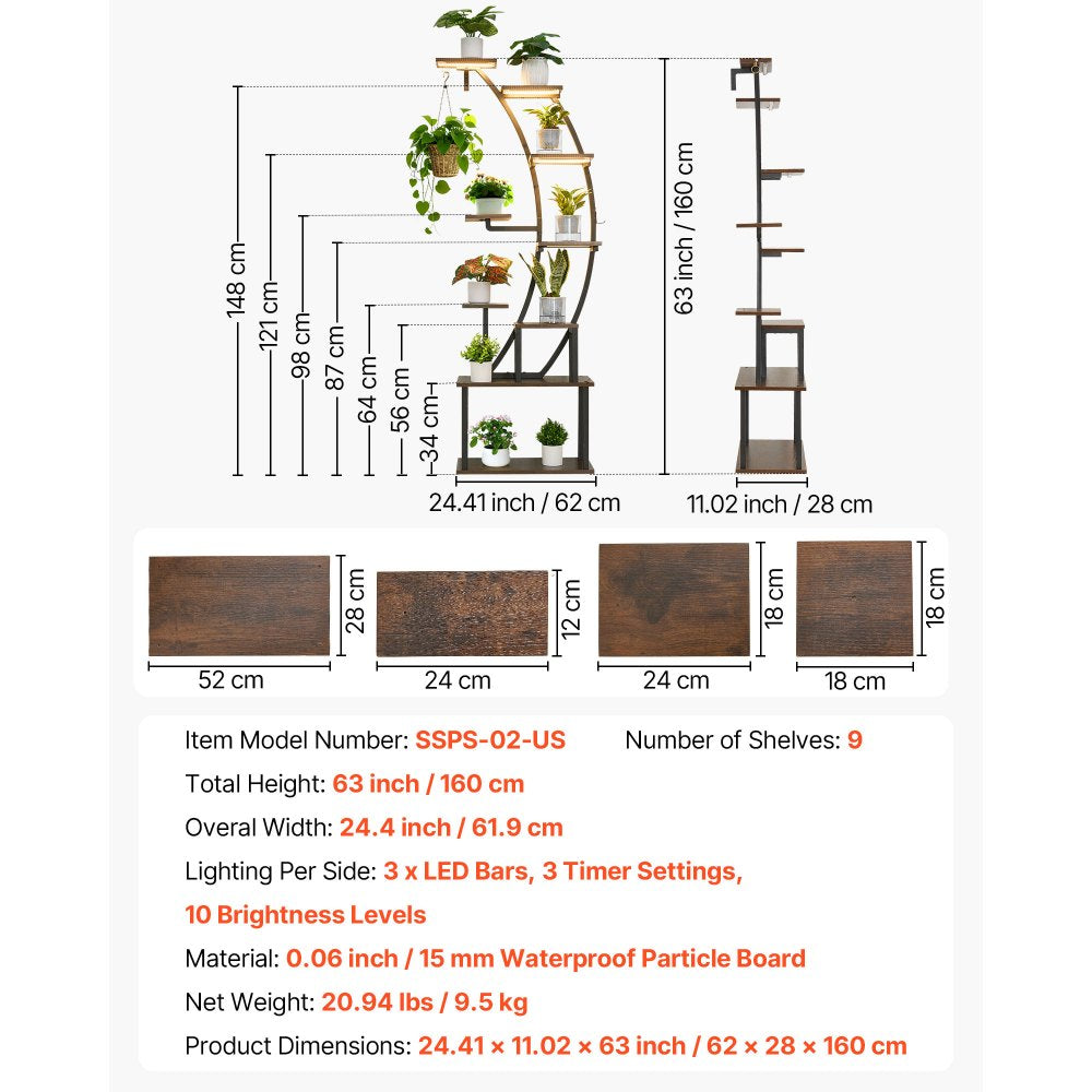 VEVOR Plant Stand Indoor with Grow Lights, 63 in Tall 9-Tier Lighted Plant Shelf, Metal Corner Plants Holder, 3 Timer & 10 Brightness, Curve-Shaped Flower Display Rack for Living Room Balcony Decor