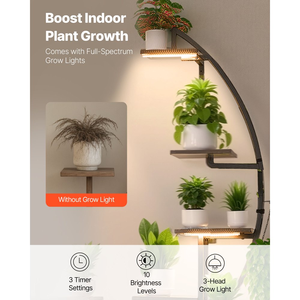 VEVOR Plant Stand Indoor with Grow Lights, 65.5 in Tall 7-Tiered Lighted Plant Shelf, 2 Pack Metal Corner Plants Holder, 3 Timer & 10 Brightness, Half-Moon Shaped Flower Display Rack for Living Room