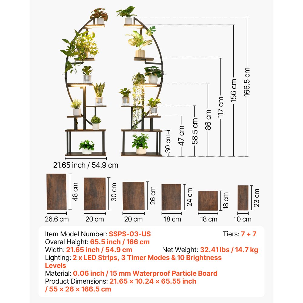 VEVOR Plant Stand Indoor with Grow Lights, 65.5 in Tall 7-Tiered Lighted Plant Shelf, 2 Pack Metal Corner Plants Holder, 3 Timer & 10 Brightness, Half-Moon Shaped Flower Display Rack for Living Room