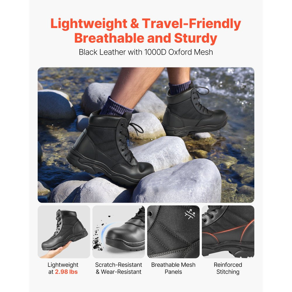 VEVOR Men's Military Tactical Boots, 6 inch Combat Hiking Work Boots, Lightweight & Breathable & Sturdy Mens Motorcycle Interceptor Trooper Boot, for Outdoor Security Mountaineering, US Size 9.5