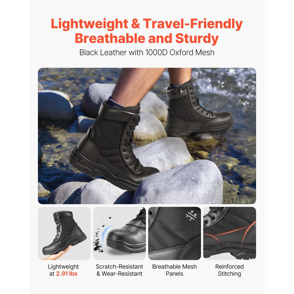 VEVOR Men's Military Tactical Boots, 8 inch Combat Hiking Work Boots, Lightweight & Breathable Side Zipper Mens Motorcycle Interceptor Trooper Boot, for Outdoor Security Mountaineering, US Size 10.5