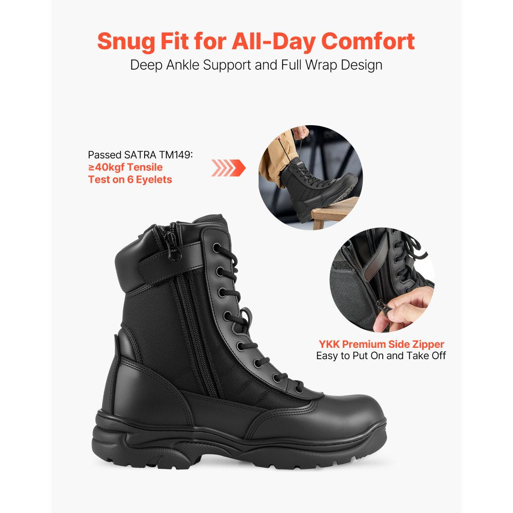 VEVOR Men's Military Tactical Boots, 8 inch Combat Hiking Work Boots, Lightweight & Breathable Side Zipper Mens Motorcycle Interceptor Trooper Boot, for Outdoor Security Mountaineering, US Size 10.5