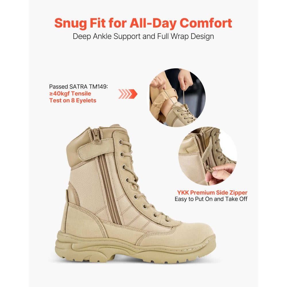 VEVOR Men's Military Tactical Boots, 8 inch Combat Hiking Work Boots, Lightweight & Breathable Side Zipper Motorcycle Interceptor Trooper Boot, for Outdoor Security, US Size 10.5 Sand-colored