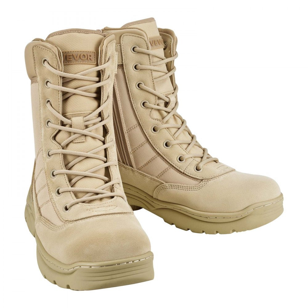 VEVOR Men's Military Tactical Boots, 8 inch Combat Hiking Work Boots, Lightweight & Breathable Side Zipper Motorcycle Interceptor Trooper Boot, for Outdoor Security, US Size 9 Sand-colored