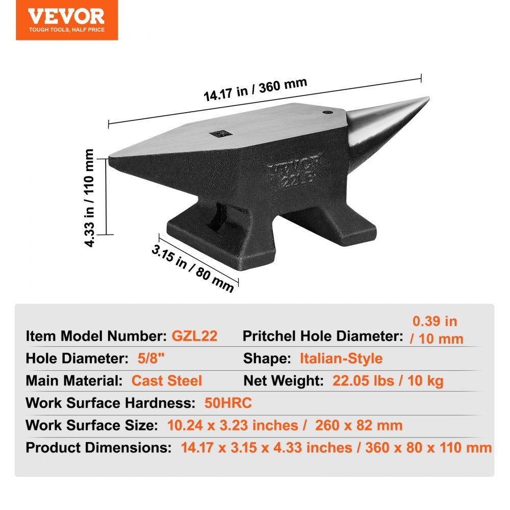 VEVOR Single Horn Anvil, 22Lbs Cast Steel Anvil, High Hardness Rugged Round Horn Anvil Blacksmith, Large Countertop and Stable Base, with Round and Square Hole, Metalsmith Tool for Bending and Shaping