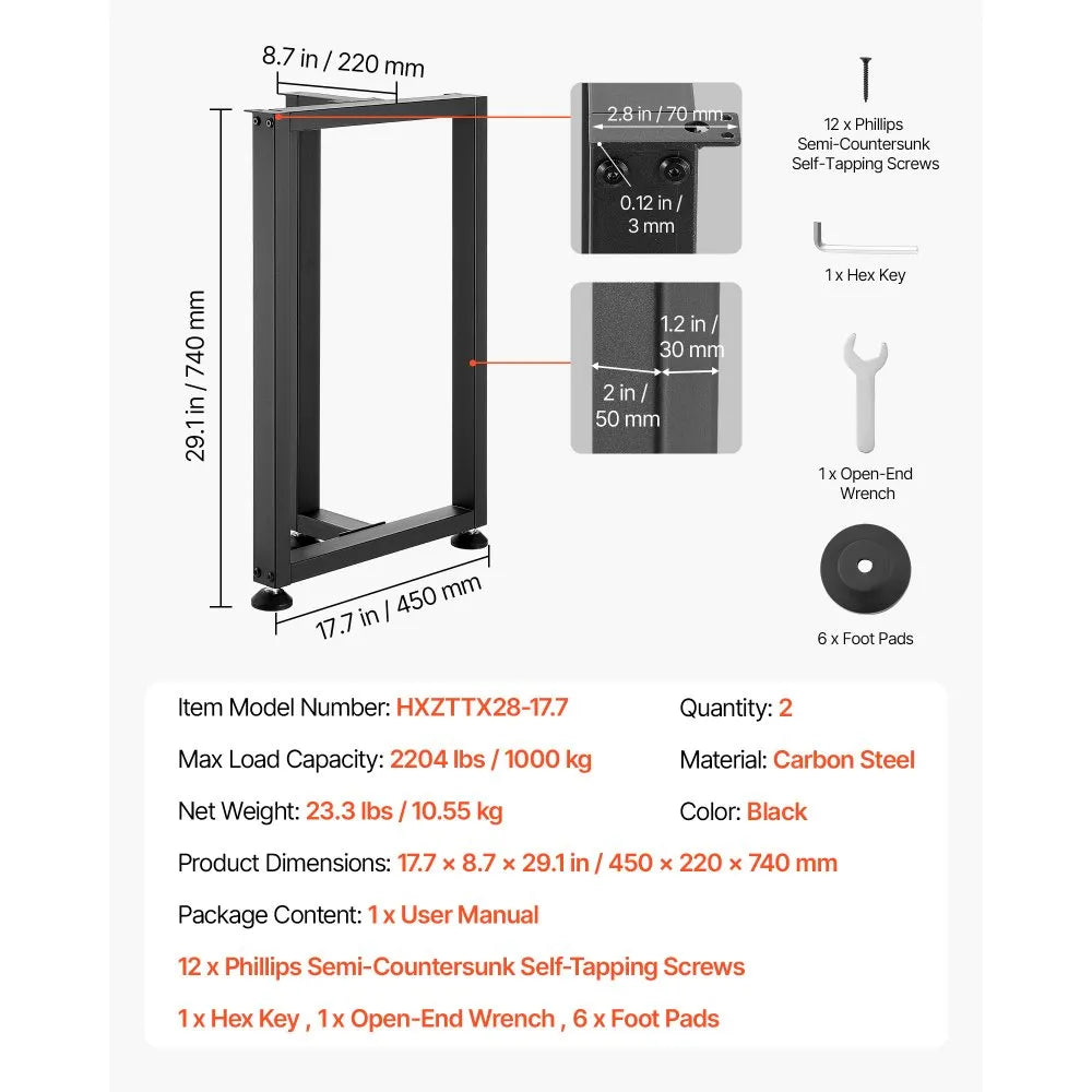 VEVOR Table Legs, 29.1" H x 17.7" W Square T Shape Steel Furniture Legs, Modular Design, Easy Assembly, 2204 lbs Max Load Heavy Duty, for Home Office Desk, Dinner Table, Workbenches, Set of 2, Black
