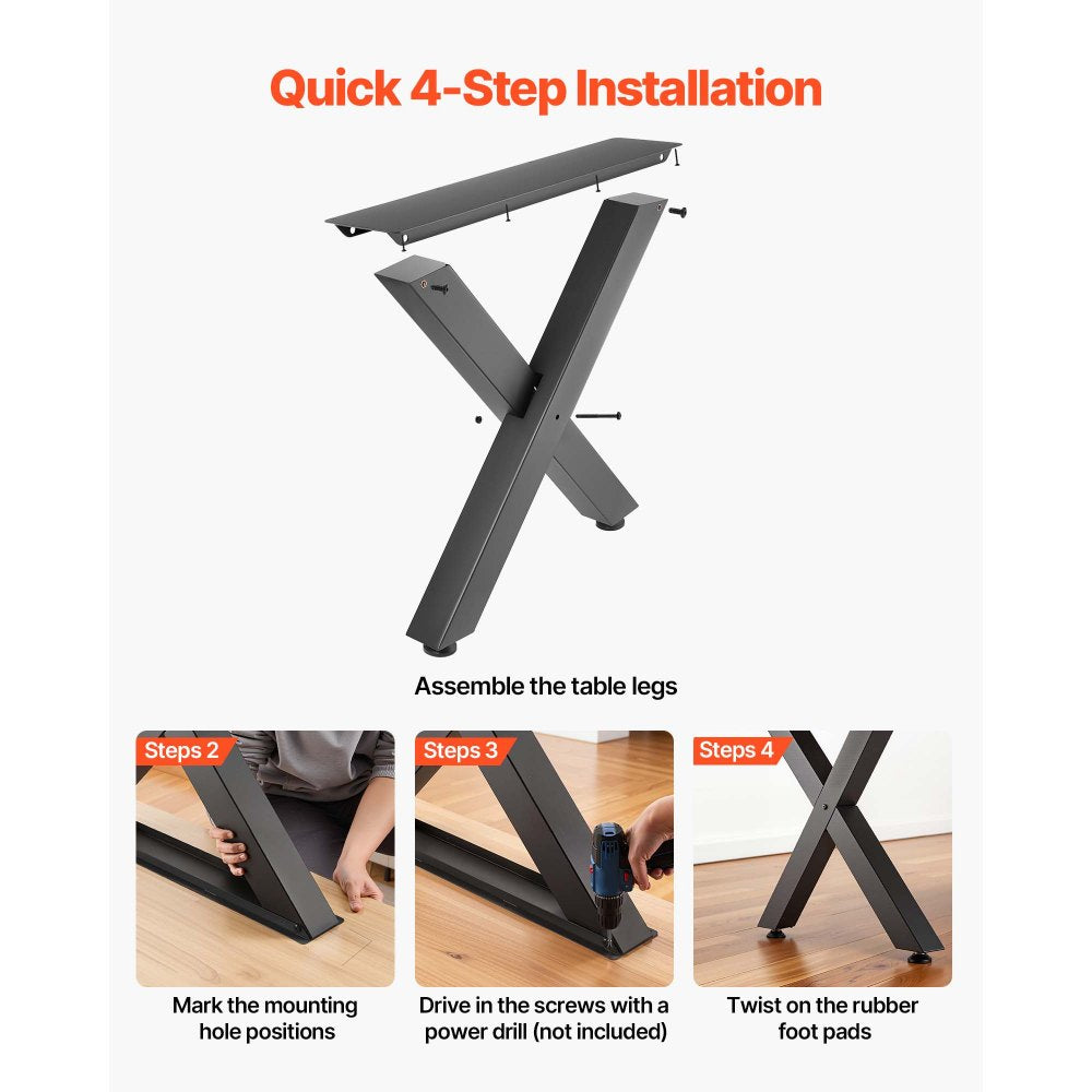 VEVOR Table Legs, 29.5" H x 31.1" W Steel Furniture Legs, Modular Design, Easy Assembly, 2204 lbs Max Load Heavy Duty, for Home Office Desk, Coffee Dinner Bar Tables, Workbench,2 PCS, X Frame, Black