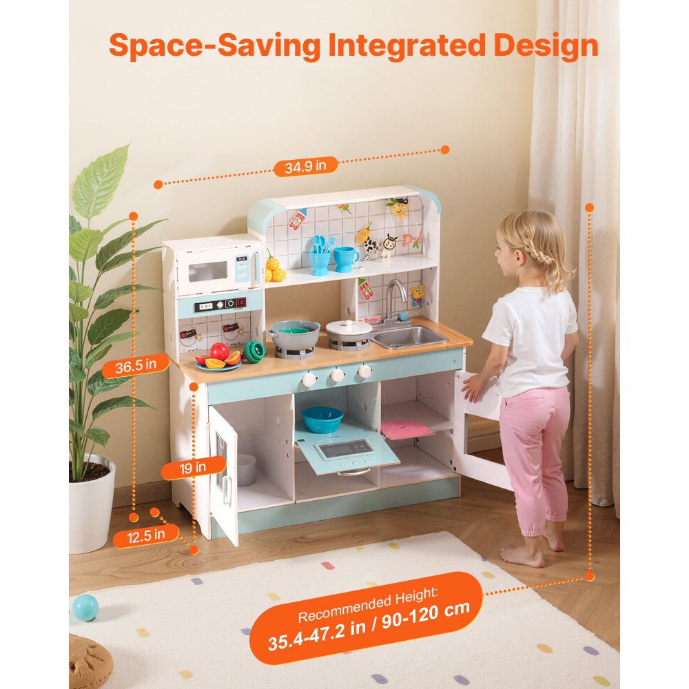 VEVOR Play Kitchen for Kids, Wooden Toy Kitchen Set with Lights and Sounds, Toddler Kitchen with Ice Maker, Oven, Sink, Microwaves, Fridge and Utensil and Fruit Accessory for Toddlers ages 3-8, White
