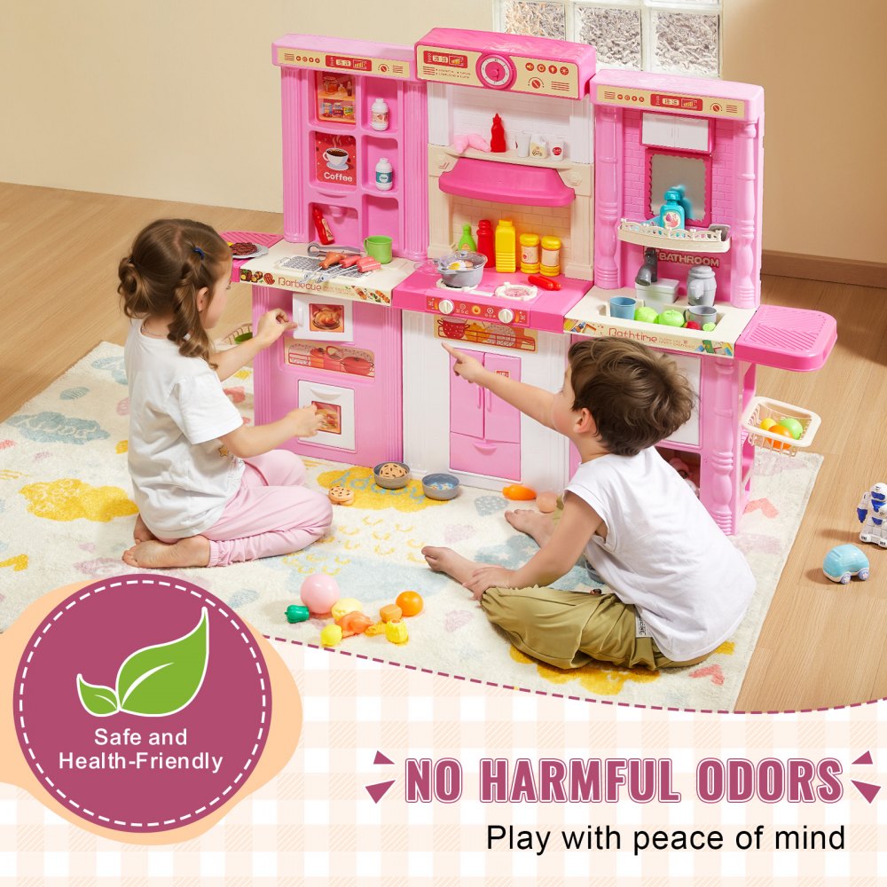 VEVOR Kids Kitchen Playset, 3-in-1 Toddler Kitchen with Simulated Spray, Sounds and Lights, Play Kitchen Set with 74 PCS Cooking Accessory Set for Toddlers, Preschoolers, Children Ages 3-8, Pink