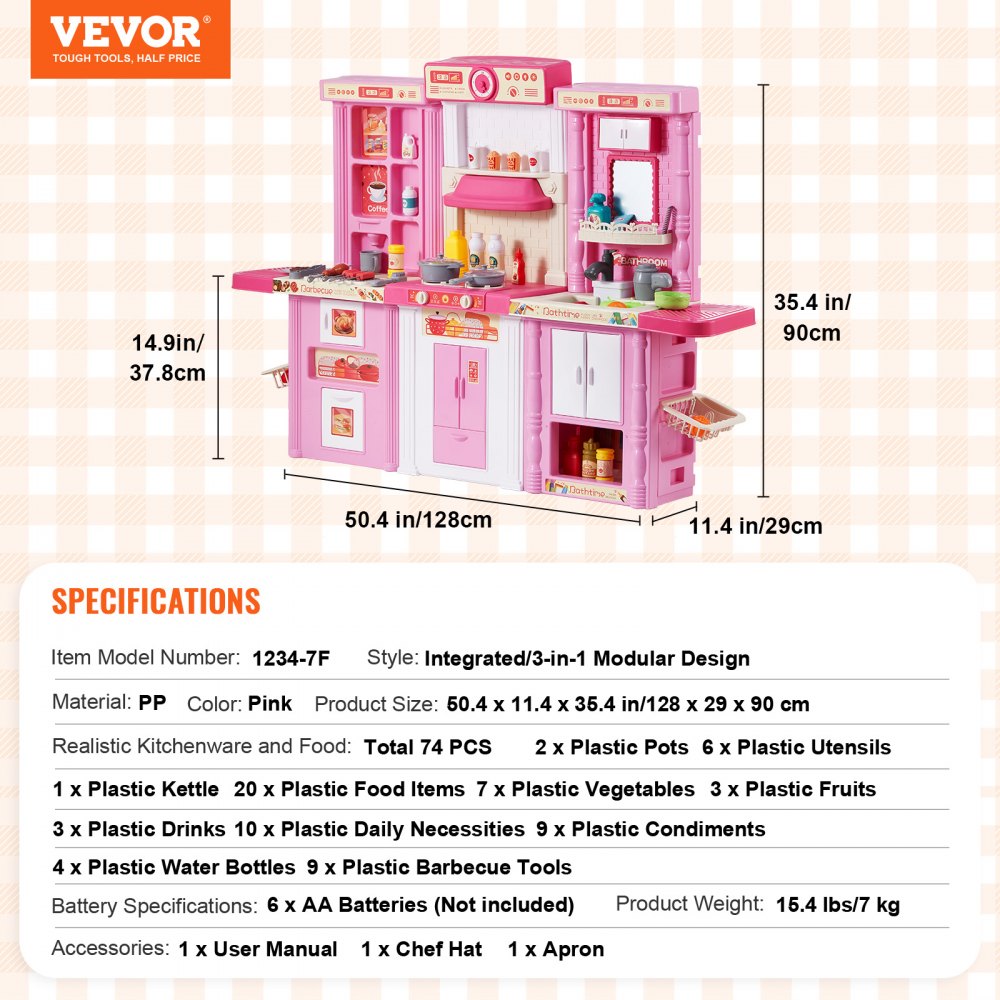 VEVOR Kids Kitchen Playset, 3-in-1 Toddler Kitchen with Simulated Spray, Sounds and Lights, Play Kitchen Set with 74 PCS Cooking Accessory Set for Toddlers, Preschoolers, Children Ages 3-8, Pink