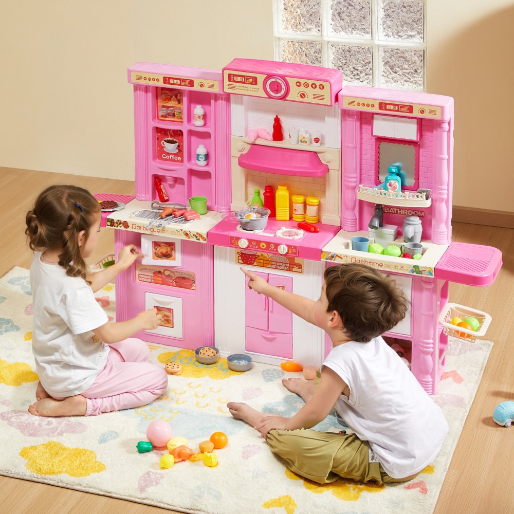 VEVOR Kids Kitchen Playset, 3-in-1 Toddler Kitchen with Simulated Spray, Sounds and Lights, Play Kitchen Set with 74 PCS Cooking Accessory Set for Toddlers, Preschoolers, Children Ages 3-8, Pink