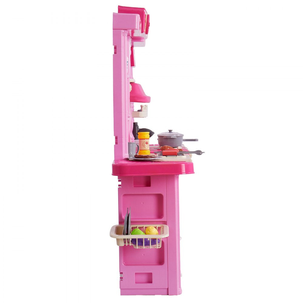 VEVOR Kids Kitchen Playset, 3-in-1 Toddler Kitchen with Simulated Spray, Sounds and Lights, Play Kitchen Set with 74 PCS Cooking Accessory Set for Toddlers, Preschoolers, Children Ages 3-8, Pink
