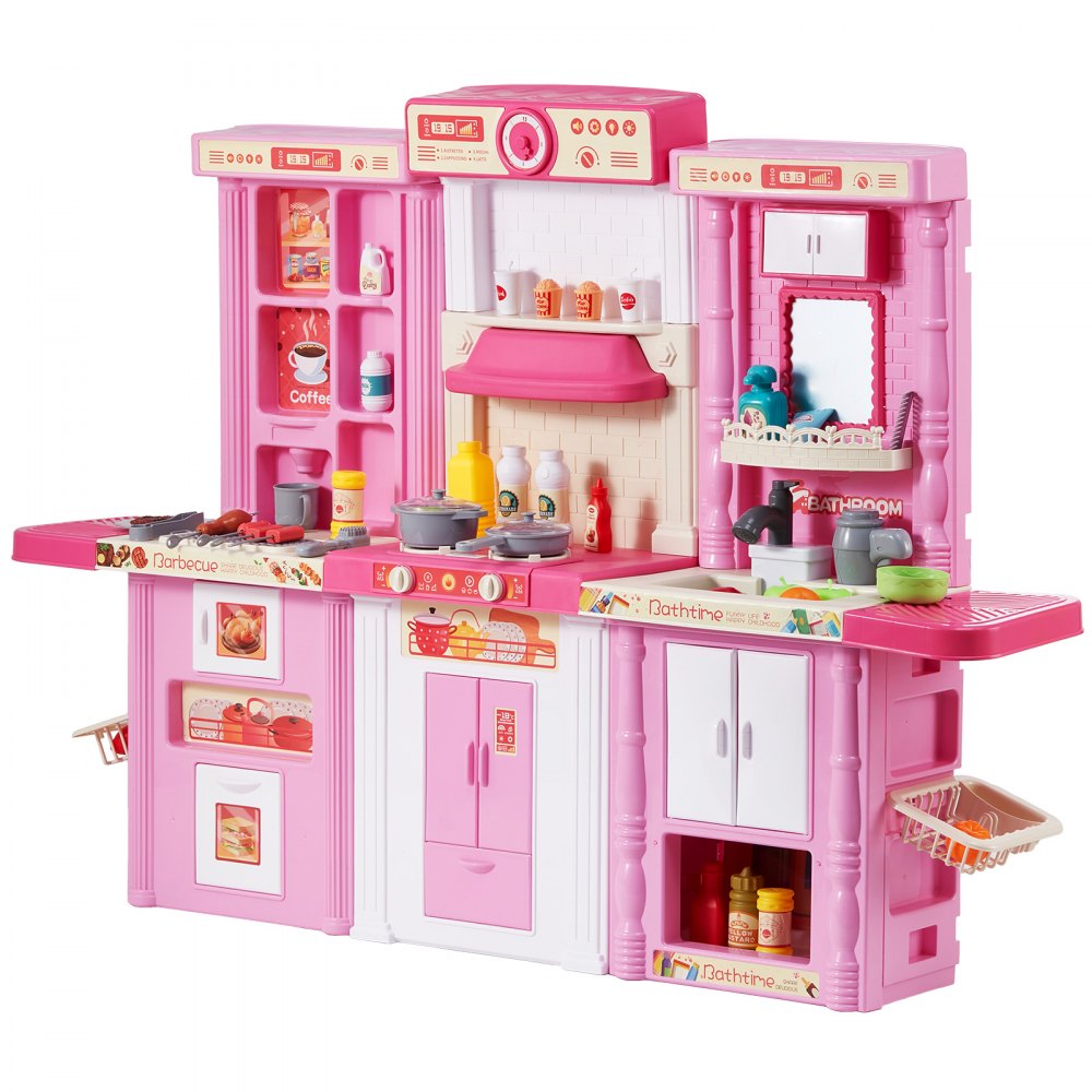 VEVOR Kids Kitchen Playset, 3-in-1 Toddler Kitchen with Simulated Spray, Sounds and Lights, Play Kitchen Set with 74 PCS Cooking Accessory Set for Toddlers, Preschoolers, Children Ages 3-8, Pink
