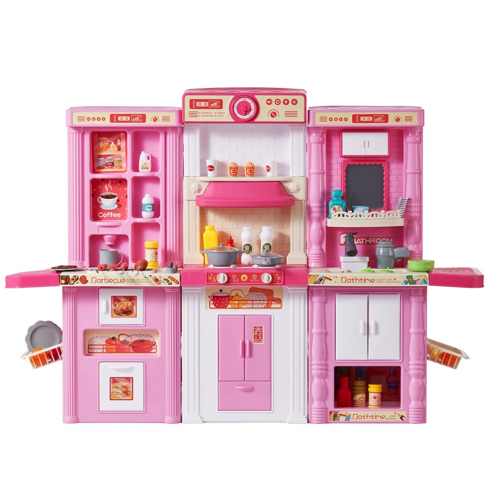 VEVOR Kids Kitchen Playset, 3-in-1 Toddler Kitchen with Simulated Spray, Sounds and Lights, Play Kitchen Set with 74 PCS Cooking Accessory Set for Toddlers, Preschoolers, Children Ages 3-8, Pink