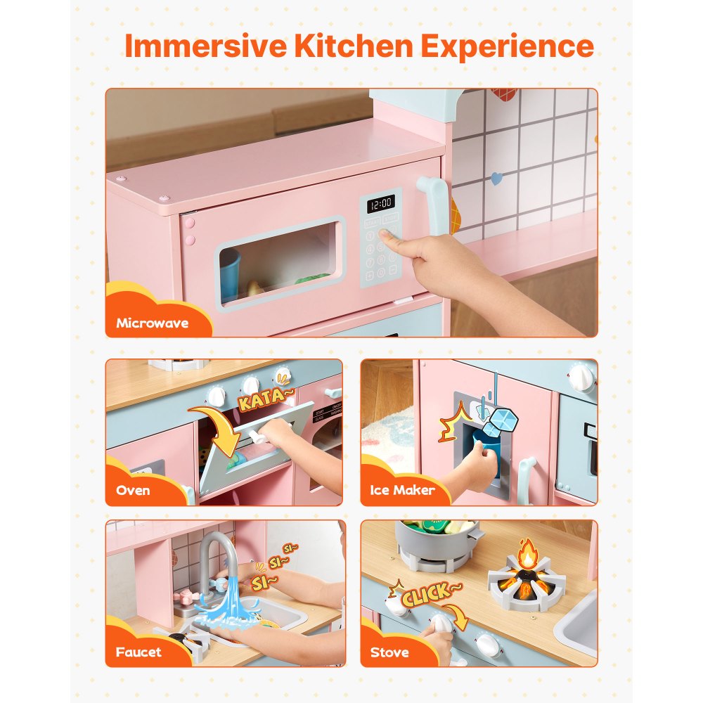 VEVOR Play Kitchen for Kids, Wooden Toy Kitchen Set with Lights and Sounds, Toddler Kitchen with Ice Maker, Oven, Sink, Microwaves, Fridge and Utensil and Fruit Accessory for Toddlers ages 3-8,Pink