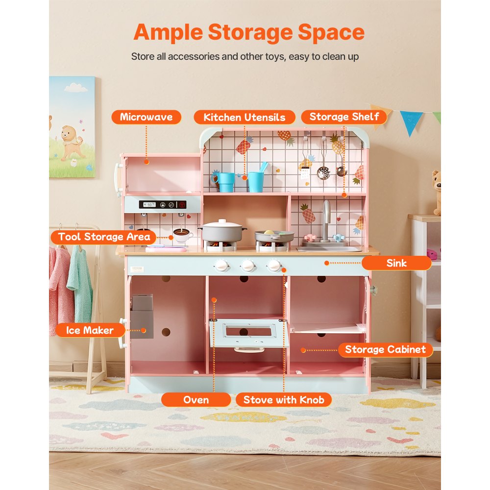 VEVOR Play Kitchen for Kids, Wooden Toy Kitchen Set with Lights and Sounds, Toddler Kitchen with Ice Maker, Oven, Sink, Microwaves, Fridge and Utensil and Fruit Accessory for Toddlers ages 3-8,Pink