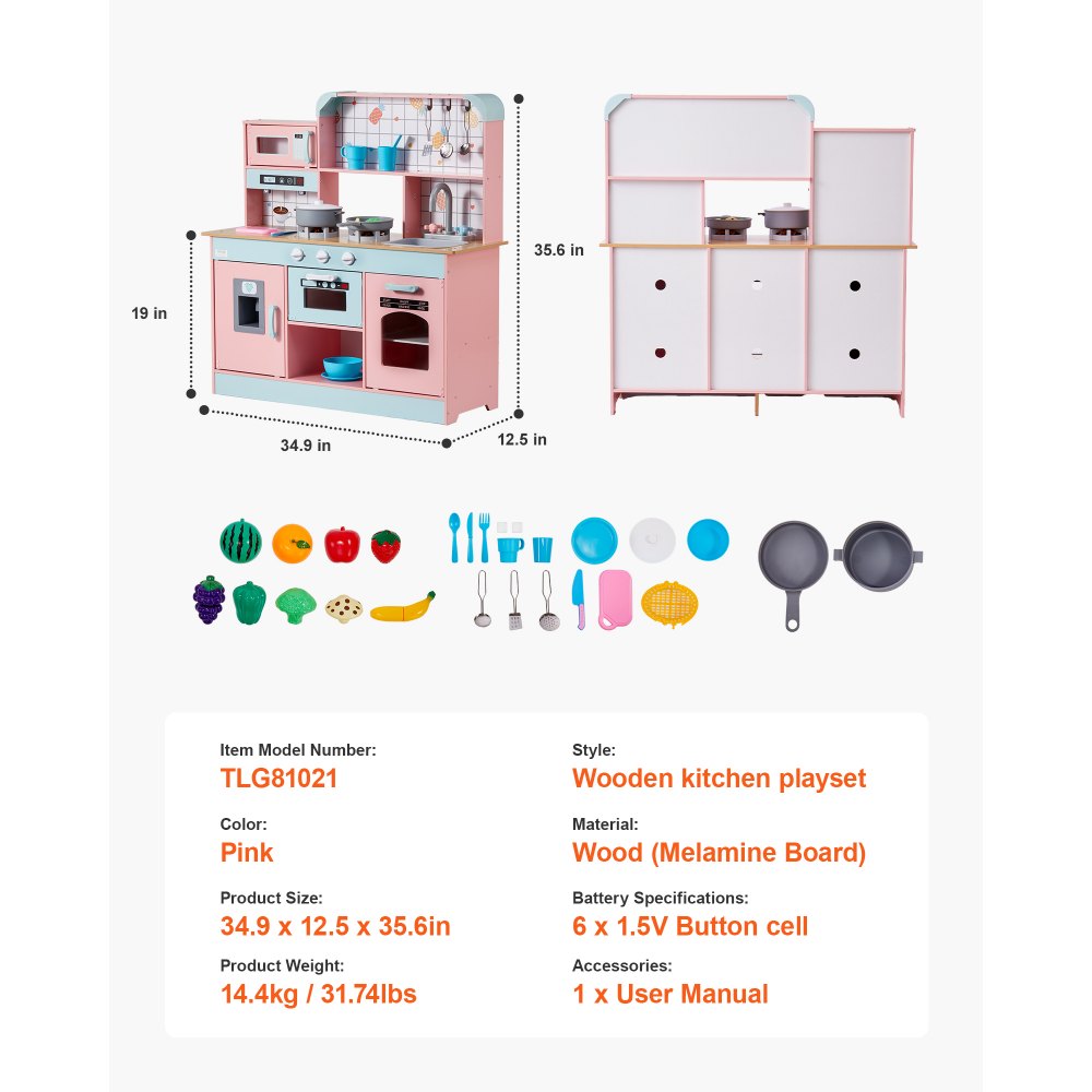 VEVOR Play Kitchen for Kids, Wooden Toy Kitchen Set with Lights and Sounds, Toddler Kitchen with Ice Maker, Oven, Sink, Microwaves, Fridge and Utensil and Fruit Accessory for Toddlers ages 3-8,Pink