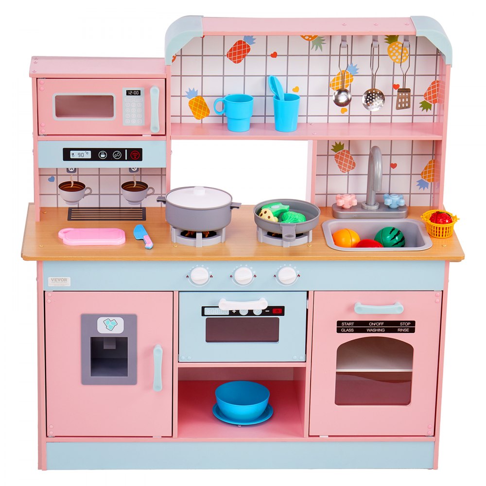 VEVOR Play Kitchen for Kids, Wooden Toy Kitchen Set with Lights and Sounds, Toddler Kitchen with Ice Maker, Oven, Sink, Microwaves, Fridge and Utensil and Fruit Accessory for Toddlers ages 3-8,Pink
