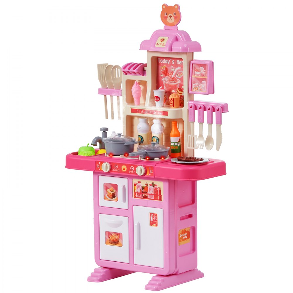 VEVOR Kids Kitchen Playset, Toddler Kitchen with Cooking Stove with Steam, Sounds and Lights, Play Kitchen Set with 48 PCS Cooking Accessory Set for Toddlers, Preschoolers, Children Ages 3-5, Pink