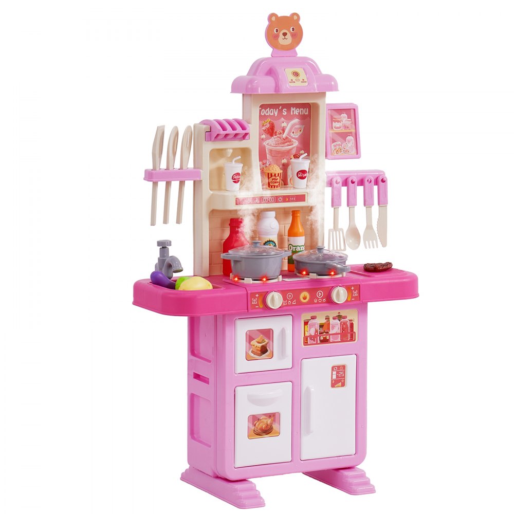 VEVOR Kids Kitchen Playset, Toddler Kitchen with Cooking Stove with Steam, Sounds and Lights, Play Kitchen Set with 48 PCS Cooking Accessory Set for Toddlers, Preschoolers, Children Ages 3-5, Pink
