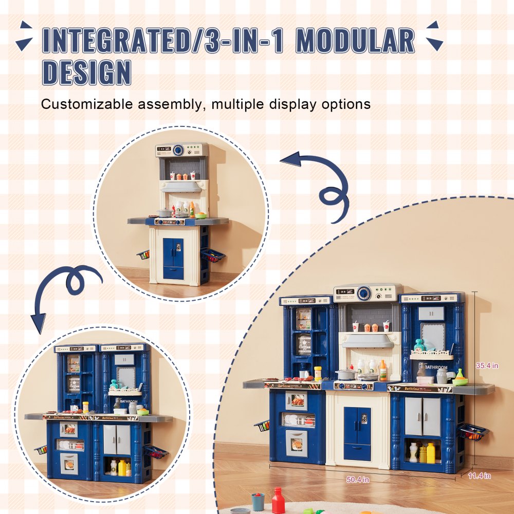 VEVOR Kids Kitchen Playset, 3-in-1 Toddler Kitchen with Simulated Spray, Sounds and Lights, Play Kitchen Set with 74 PCS Cooking Accessory Set for Toddlers, Preschoolers, Children Ages 3-8, Blue